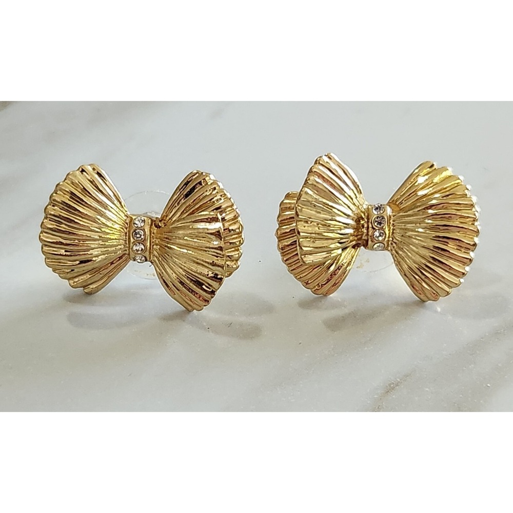 Lilly Pulitzer Gold Tone Metallic Textured Layered Bow Tie Earrings Rhinestones